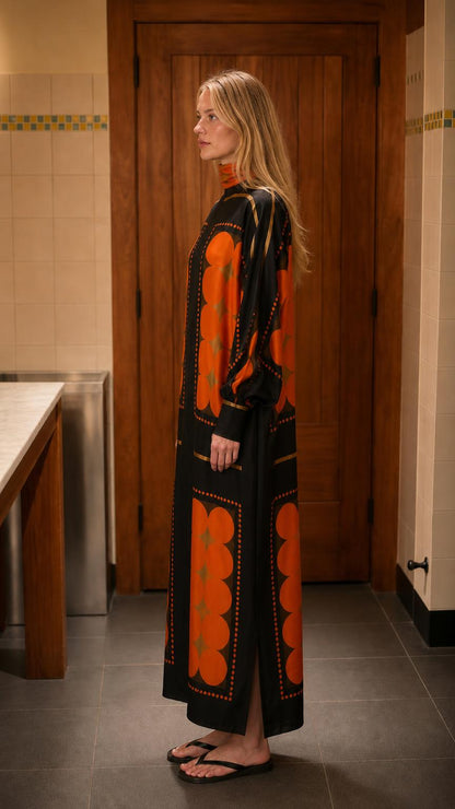 Side profile view of model in black geometric maxi dress