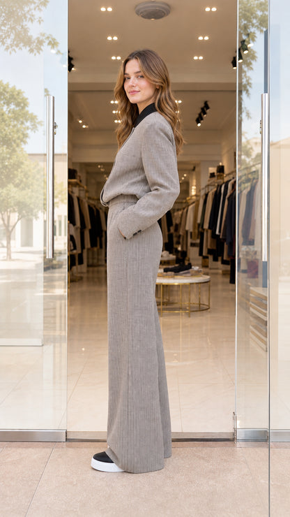 Side profile of model in taupe wide-leg two-piece pantsuit set