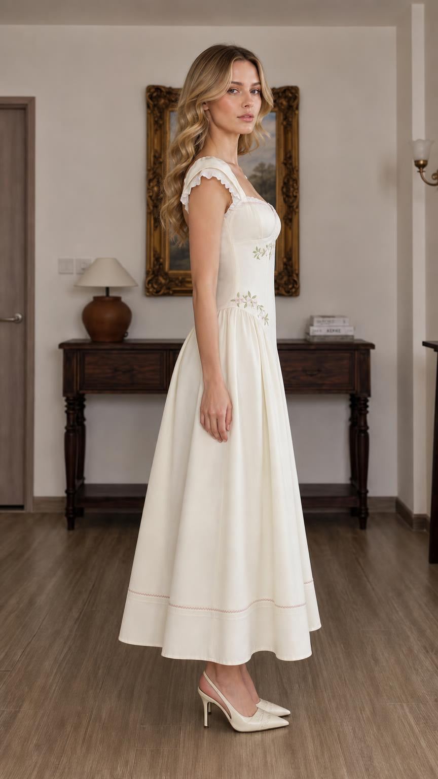 Side profile view of Ivory midi dress on model