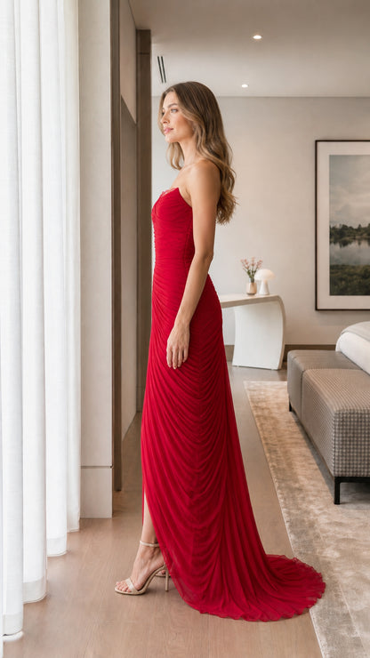 Side profile view of red evening maxi dress with court train