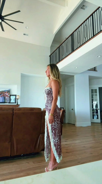 Side profile view of leopard print cutout dress