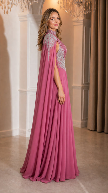 Rose pink cape sleeve formal maxi dress side profile view