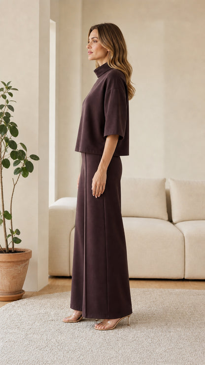 Side view of dark brown lounge set with wide leg pants