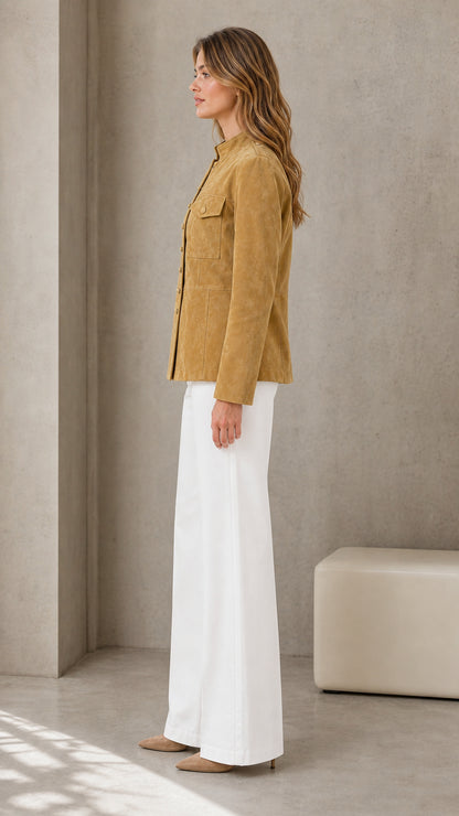 Side profile of camel faux suede jacket