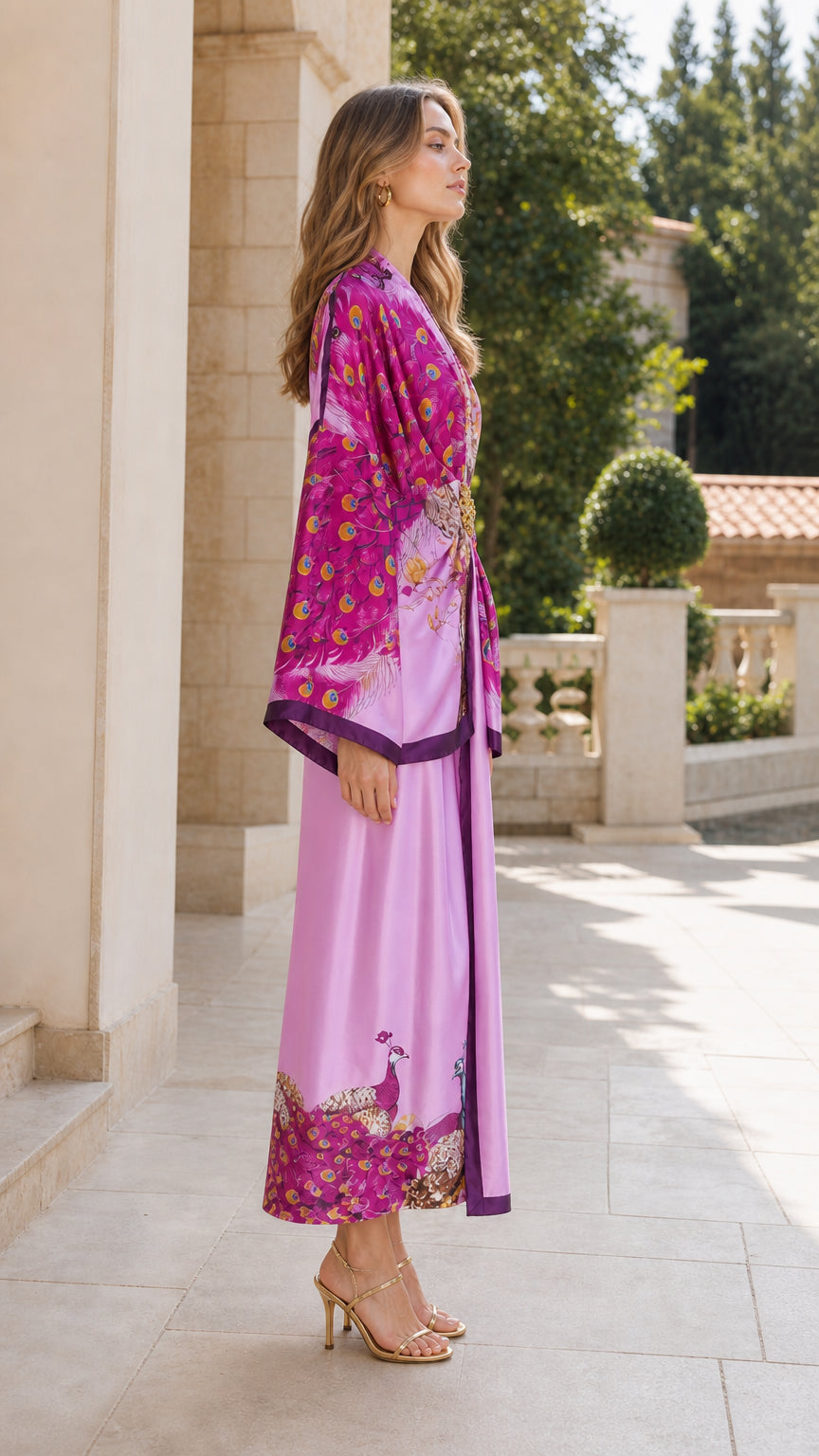 Side view of the lilac printed kimono outfit showing its flowing sleeve and full-length pants