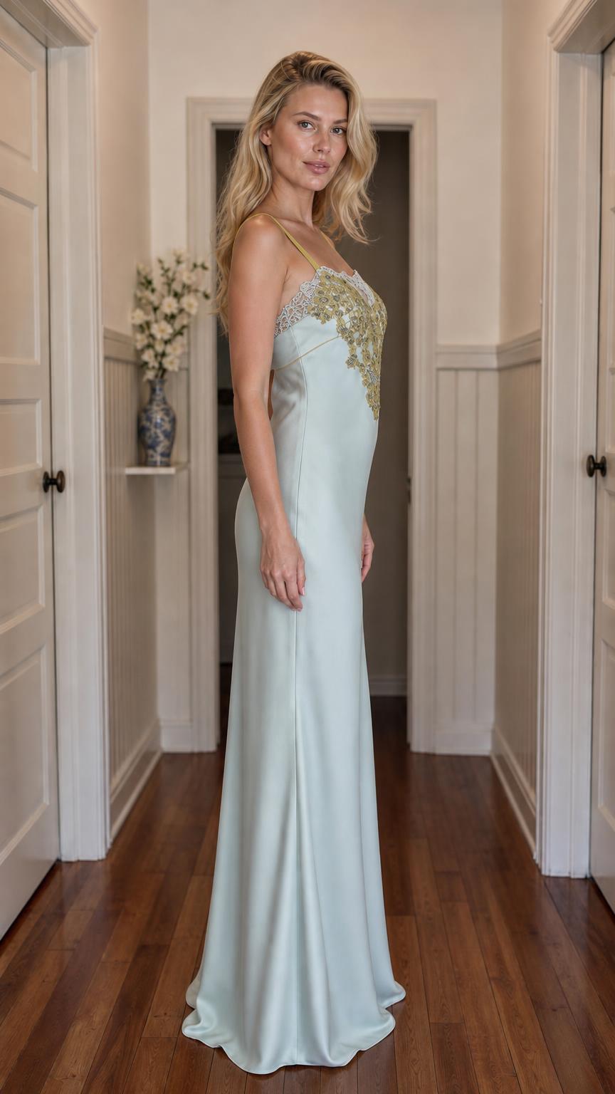 Side profile view of sage green satin maxi dress