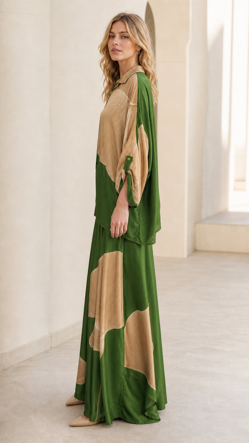 Side profile view of green and beige matching set