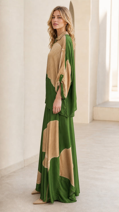 Side profile view of green and beige matching set