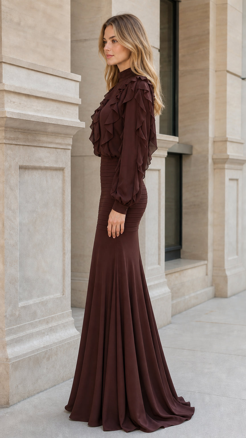 Side profile view of woman in brown ruffled maxi dress