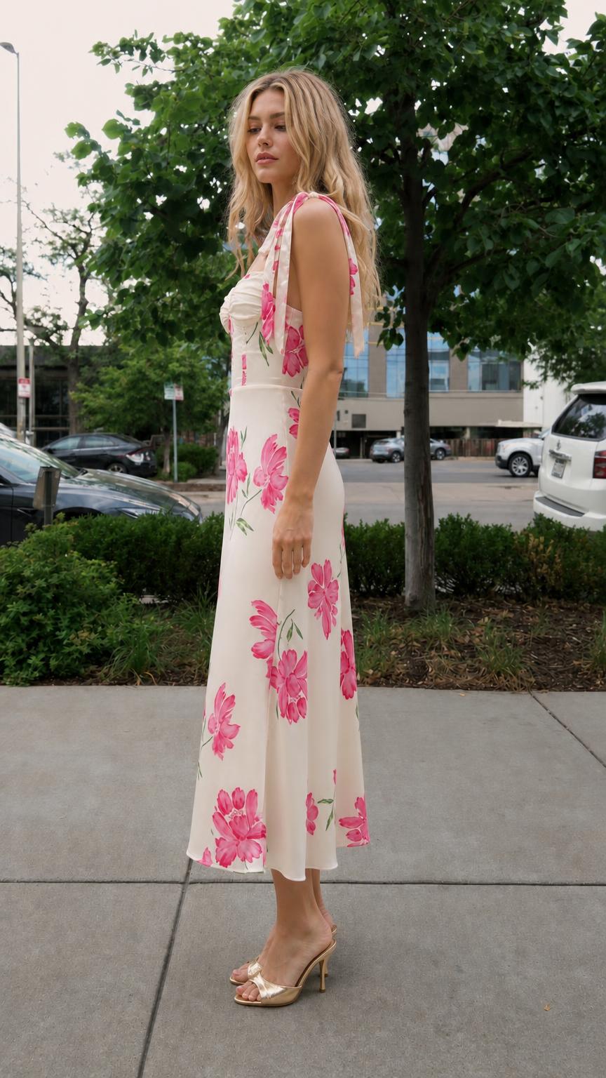 Side profile view of cream floral midi dress