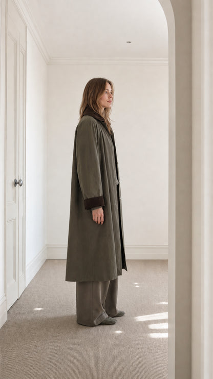 Side profile view of Olive Green long trench coat showing relaxed drape and length