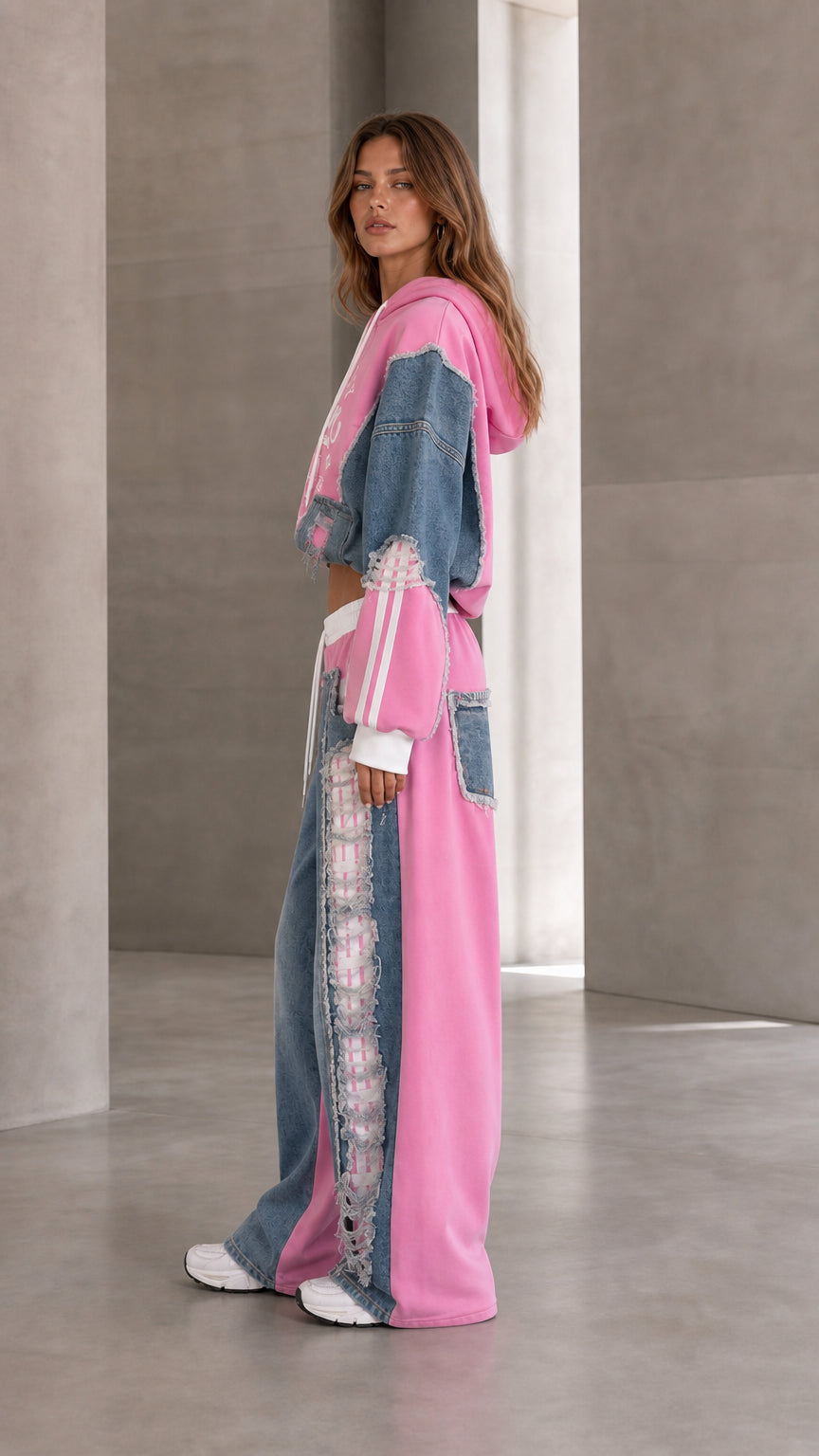 Side profile of pink denim patchwork cropped hoodie and pants set