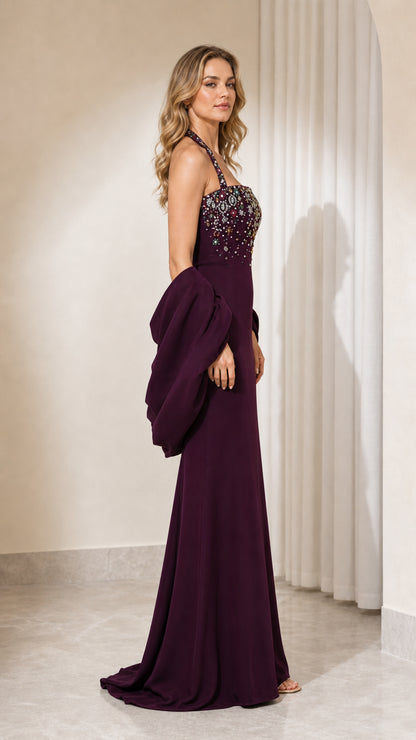 Side profile of plum evening gown