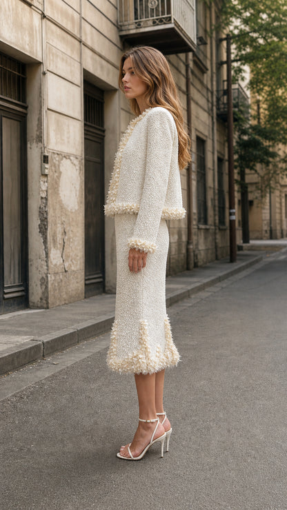 Side profile view of cream tweed set
