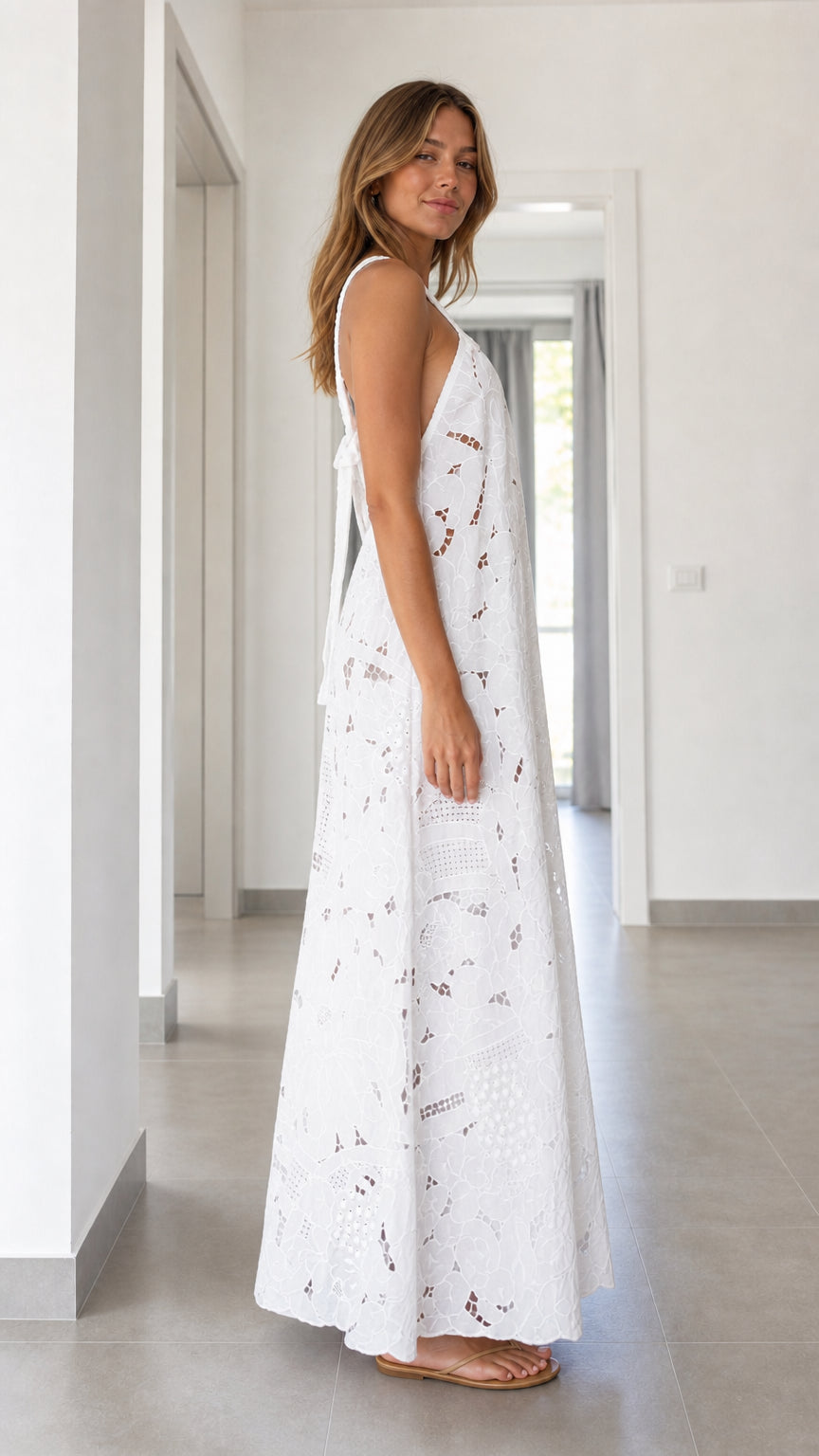 Side view of white eyelet lace maxi dress