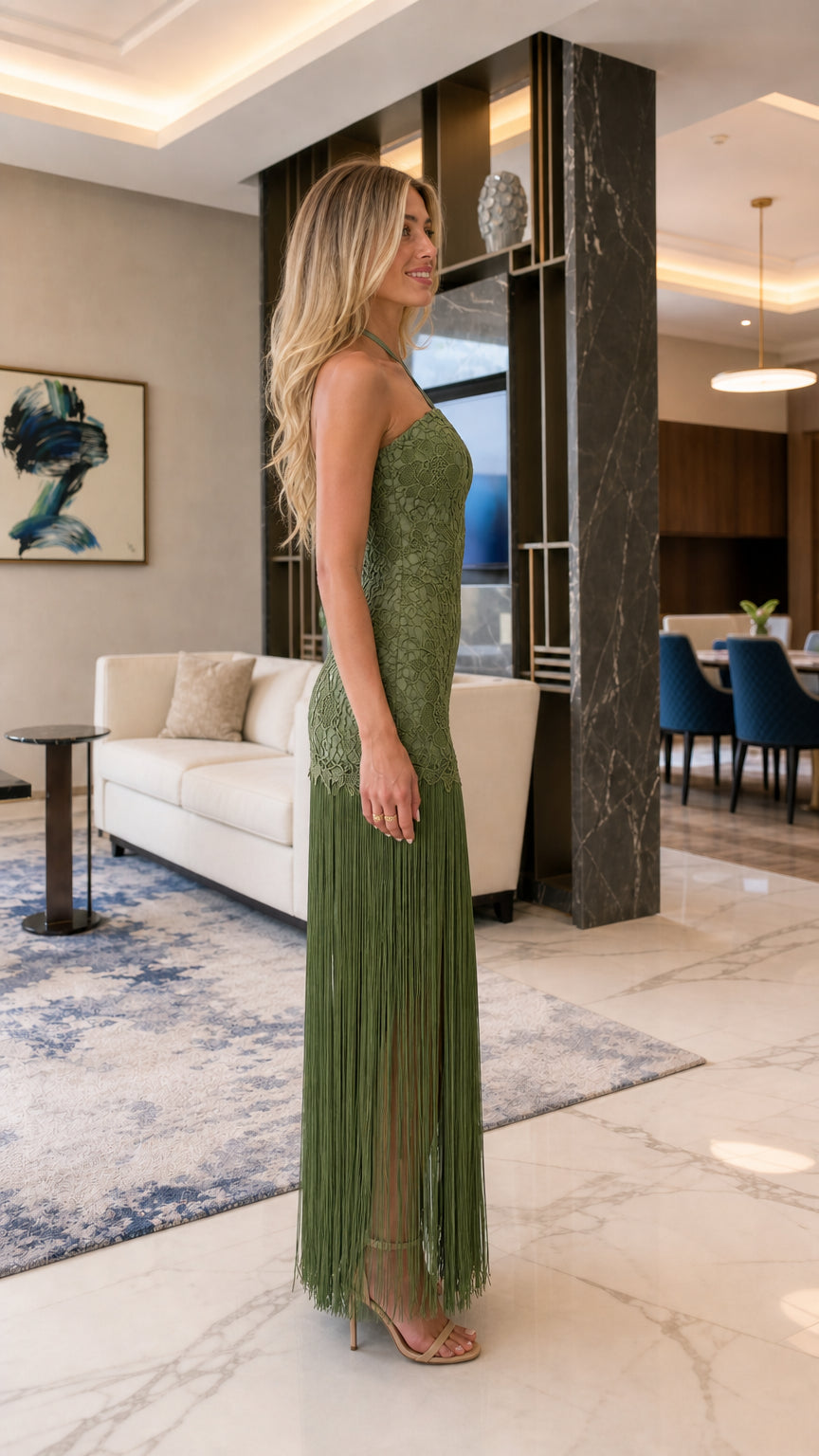 Olive Green fringe maxi dress side profile