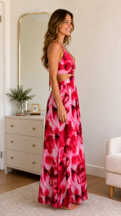 Side profile view of pink floral maxi dress