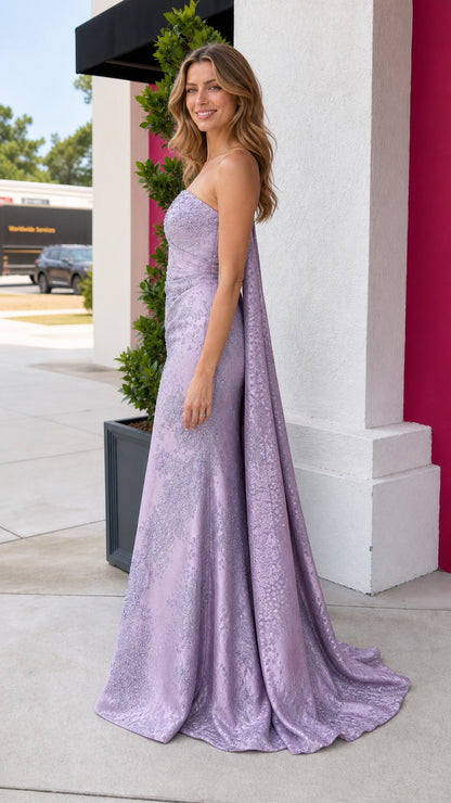 Side profile view of lavender strapless evening gown