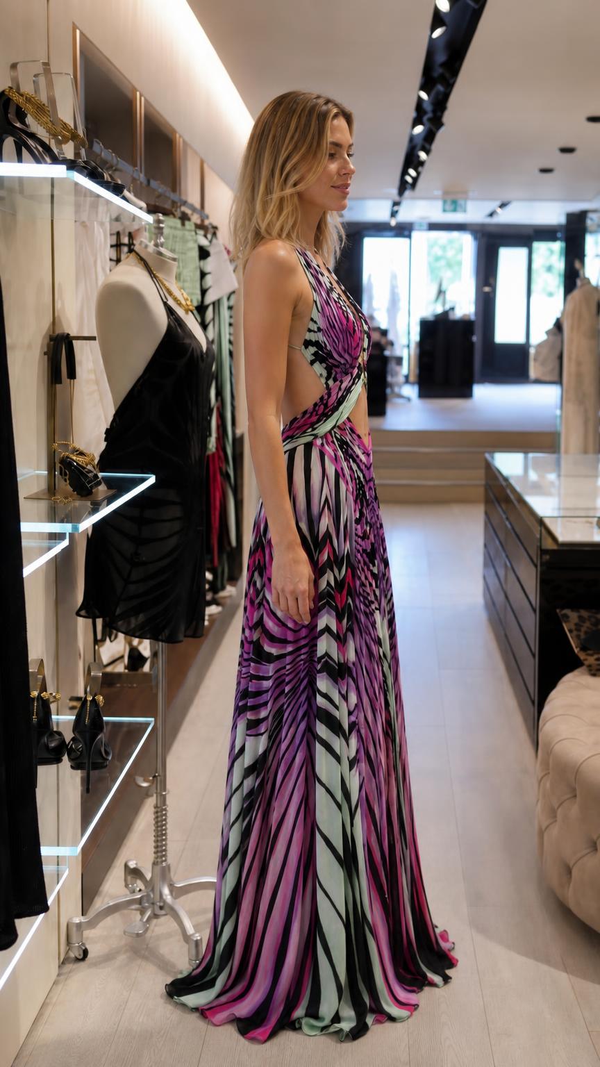 Side profile view of model wearing the purple multi maxi dress