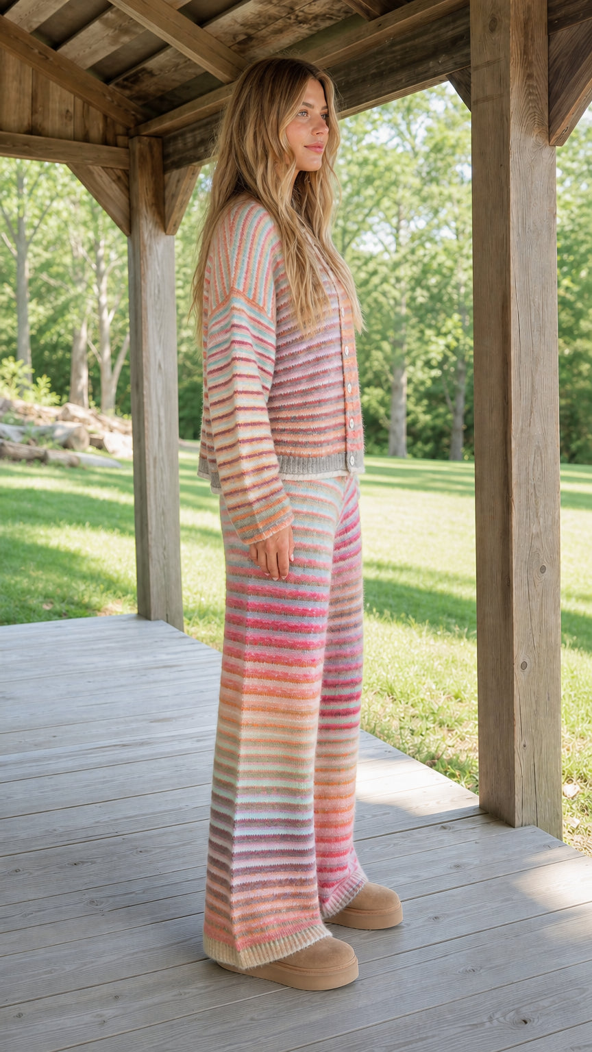 Model wearing Sunset Multi striped knit two-piece lounge set side view