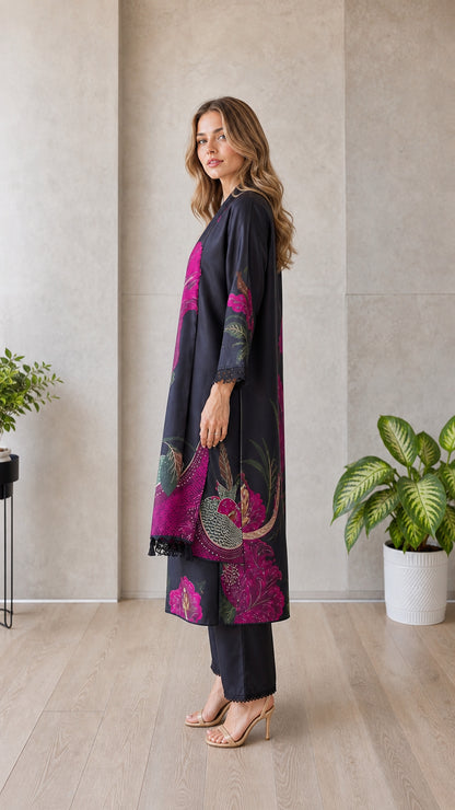 Model wearing black floral 3-piece cardigan set, side view