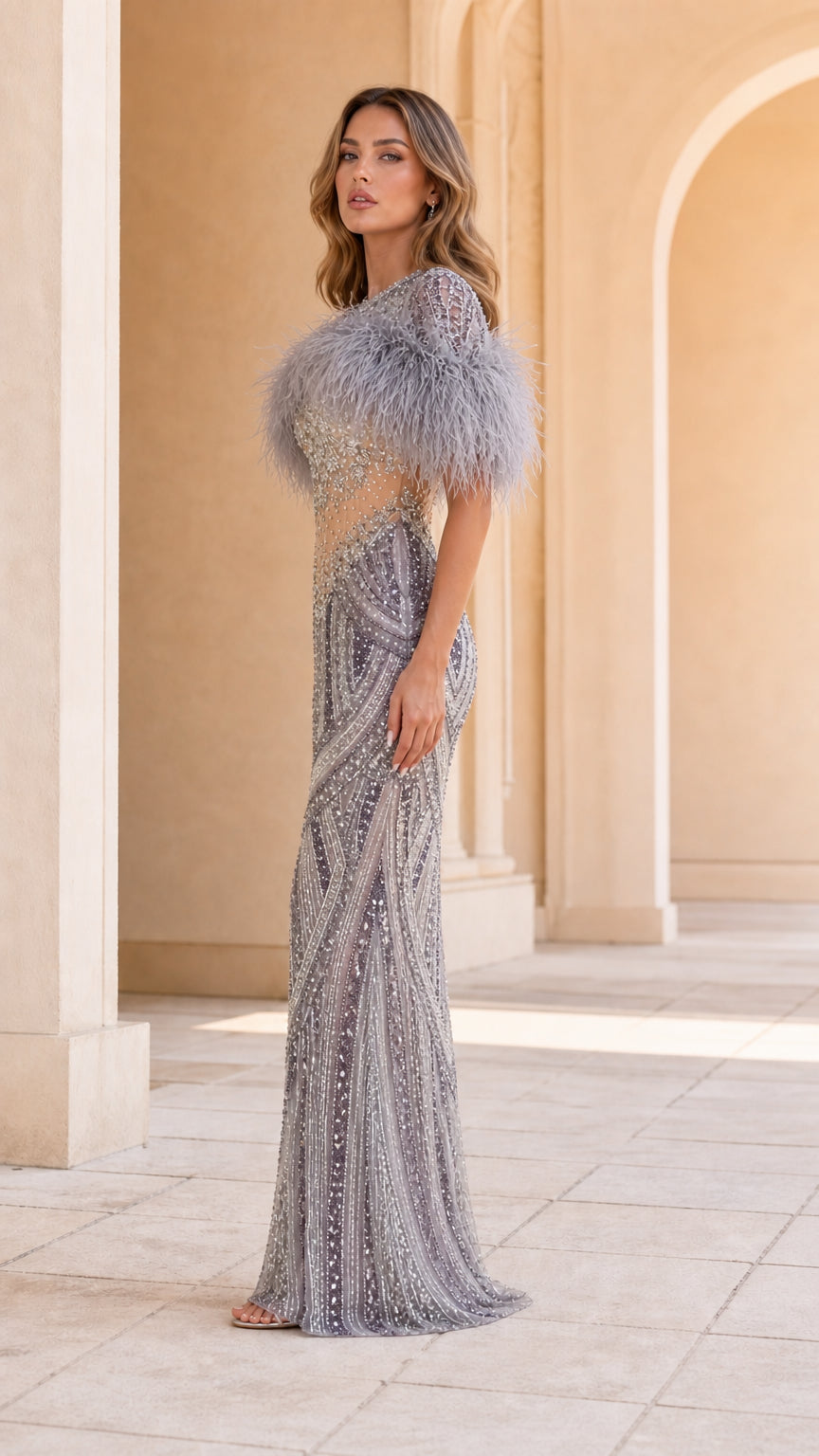Side profile view of Slate Grey sequin embellished floor-length formal gown