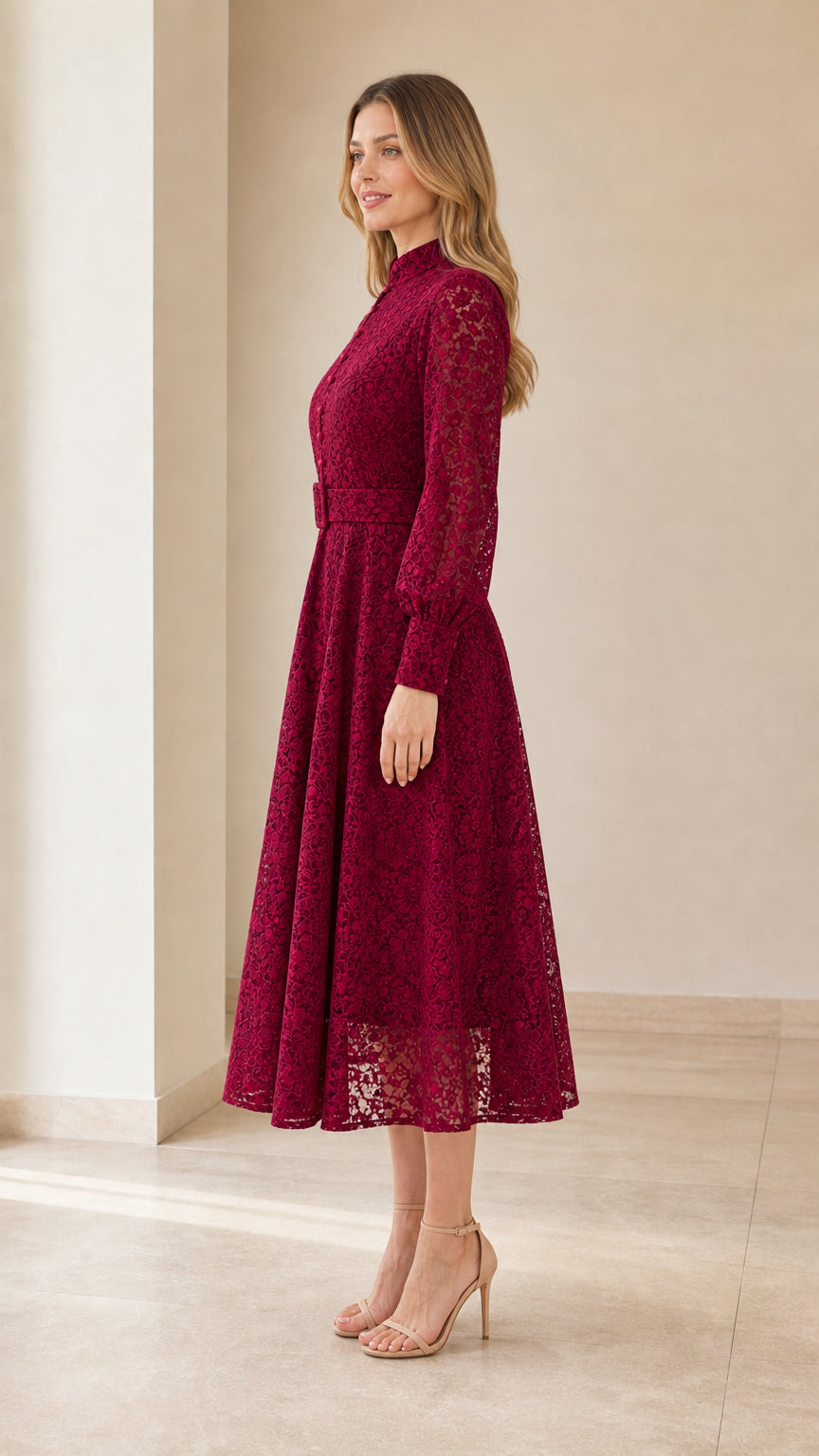Side profile of Burgundy lace long sleeve A-line midi dress on model