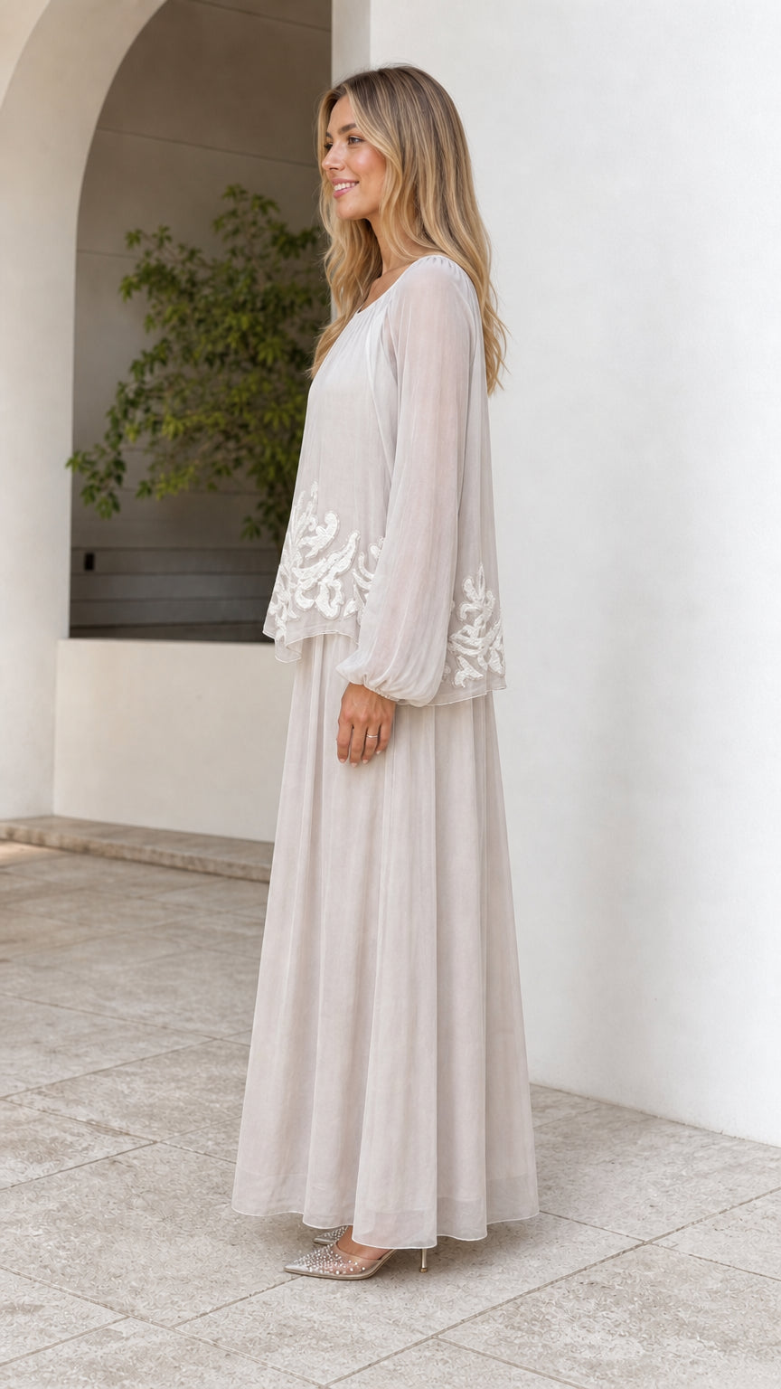 Champagne long sleeve evening maxi dress side profile view