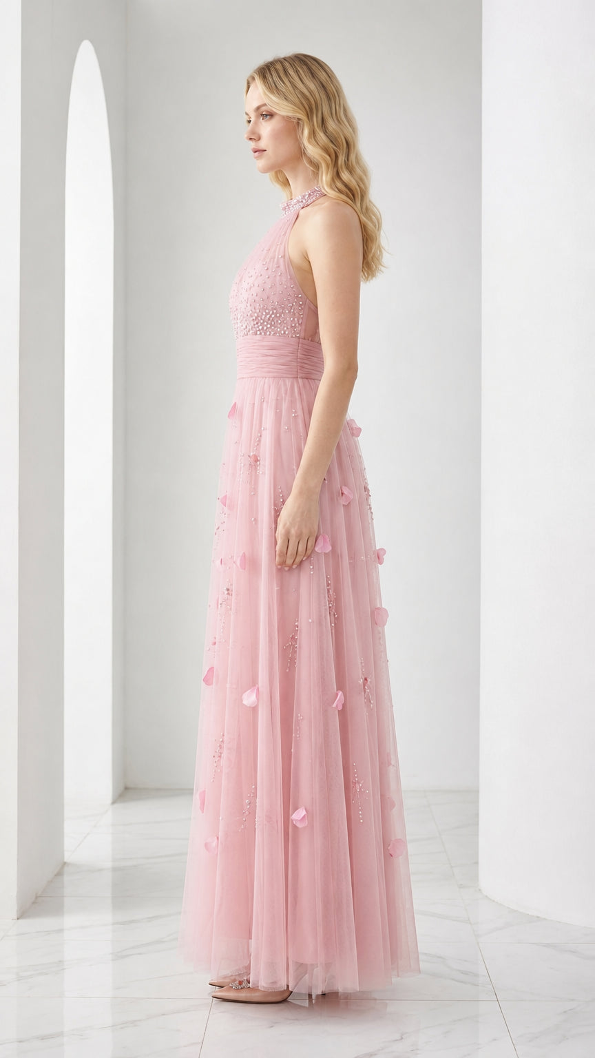 Pink tulle evening dress side profile view
