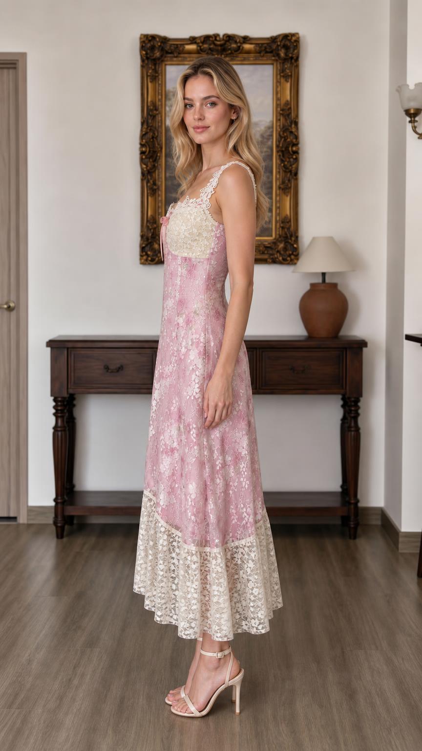 Side profile of pink floral lace midi dress