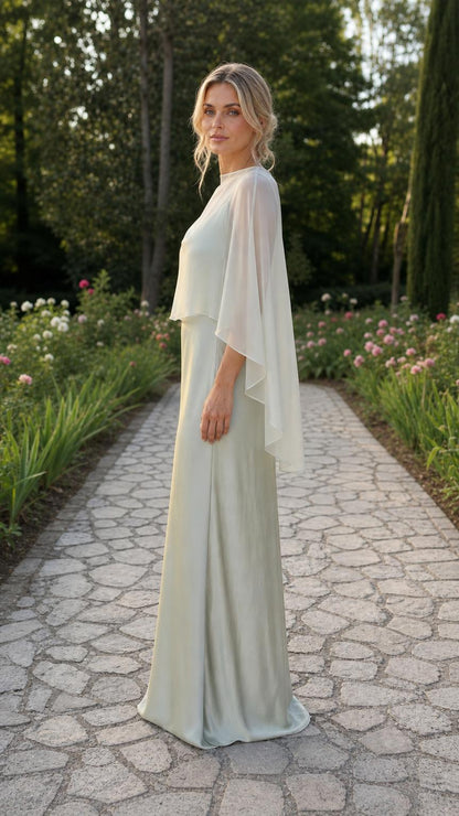 Side profile view of sage green capelet gown outdoors