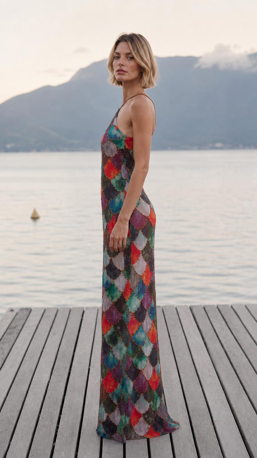 Side profile view of multi-color sequin halter maxi dress