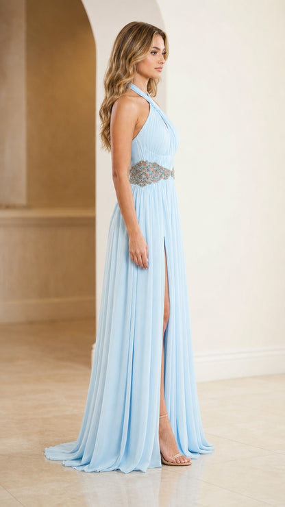 Side profile of light blue evening dress