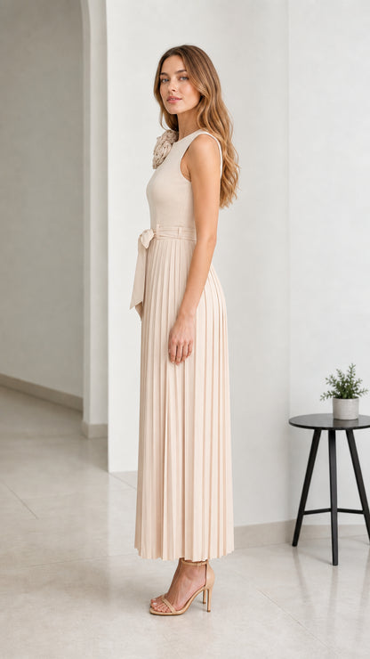 Side profile view of Beige pleated jumpsuit