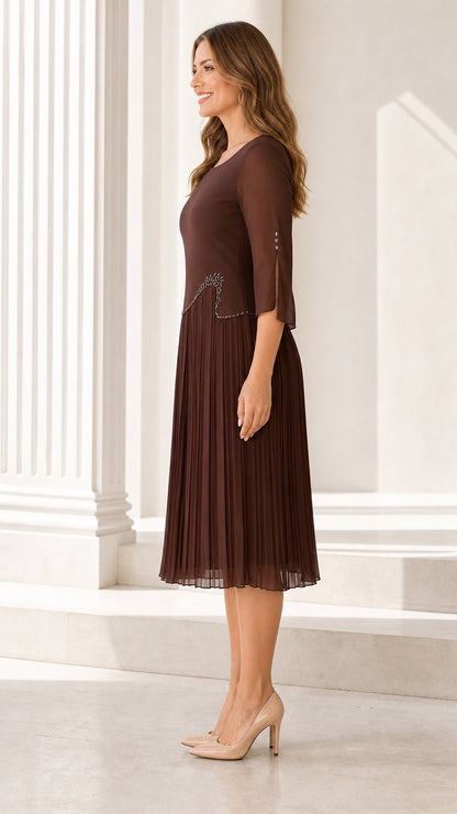 Side angle view of model wearing the Chocolate Brown 3/4 sleeve pleated midi dress