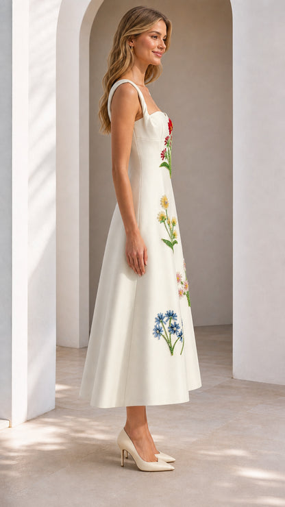 Side profile of white embroidered floral midi dress