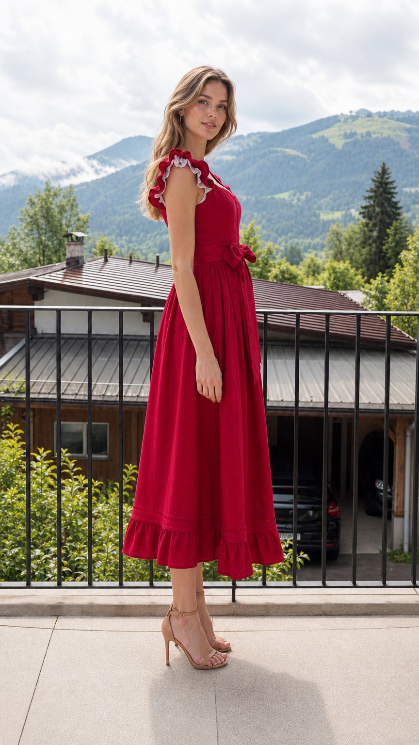 Side profile view of red midi dress with tie waist