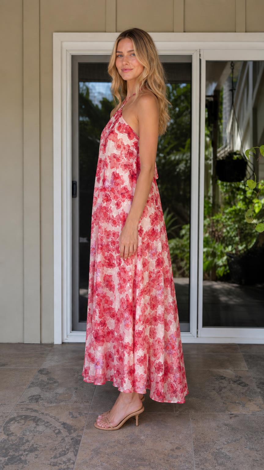 Side profile view of model in pink floral maxi dress