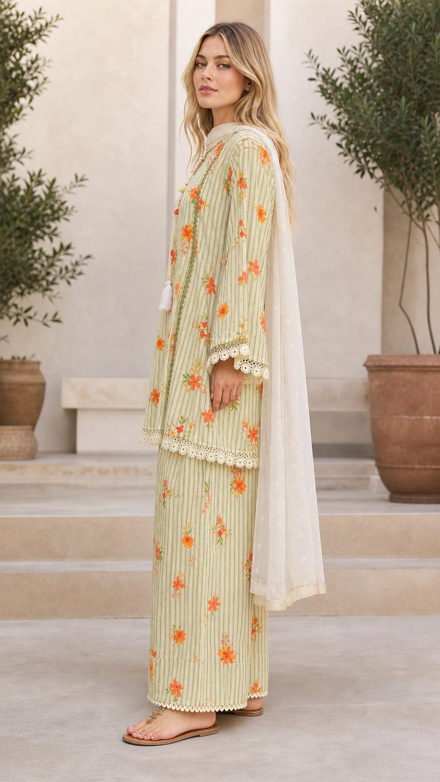 Side profile of Sage Green outfit showing relaxed fit