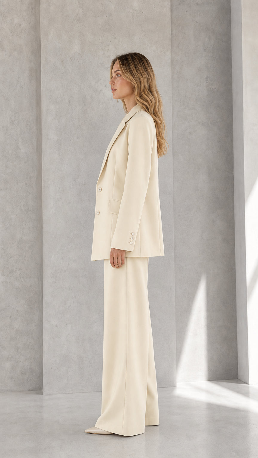 Side profile of woman in cream two-piece tailored blazer and pants set