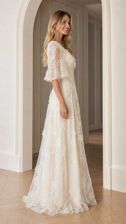 Side profile view of champagne floral maxi dress