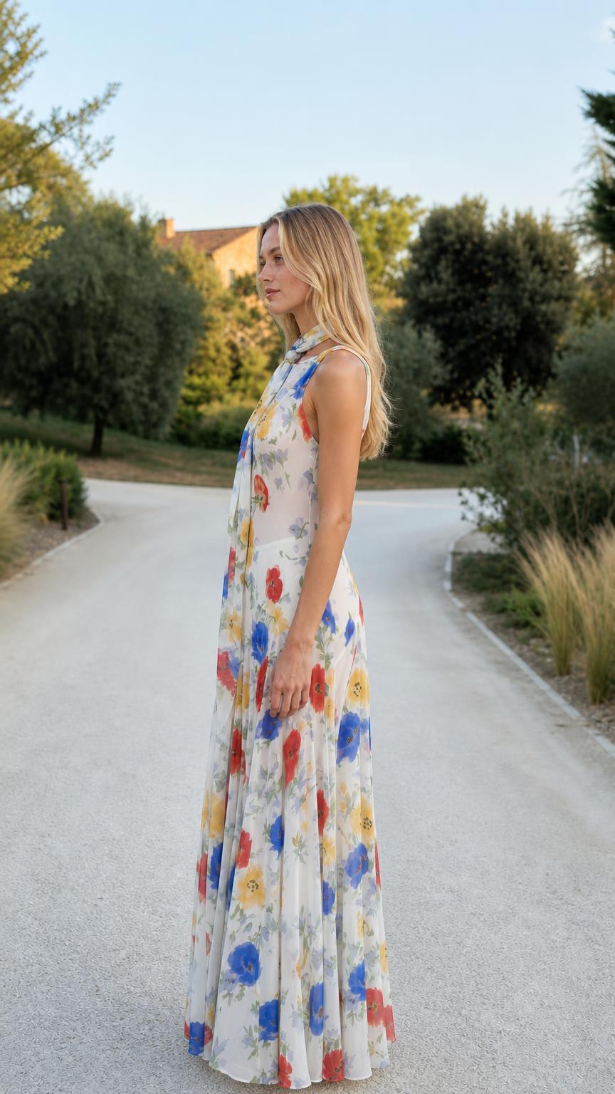 Side profile of model in white floral maxi dress outdoors