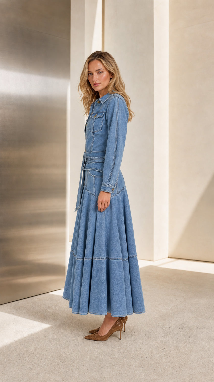 Side profile of model in Light Blue flared denim maxi shirt dress