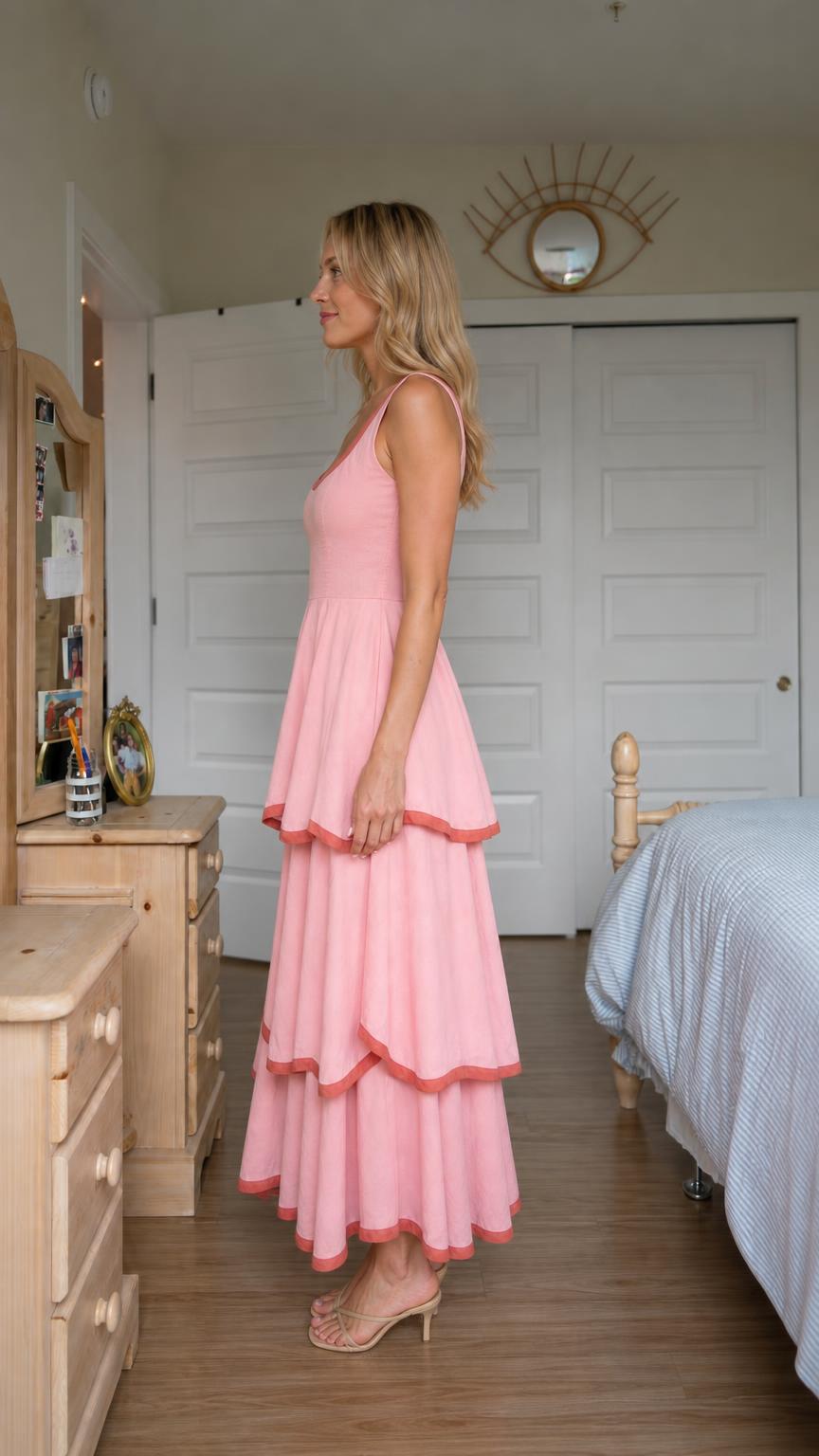 Side view of woman wearing pink tiered maxi dress