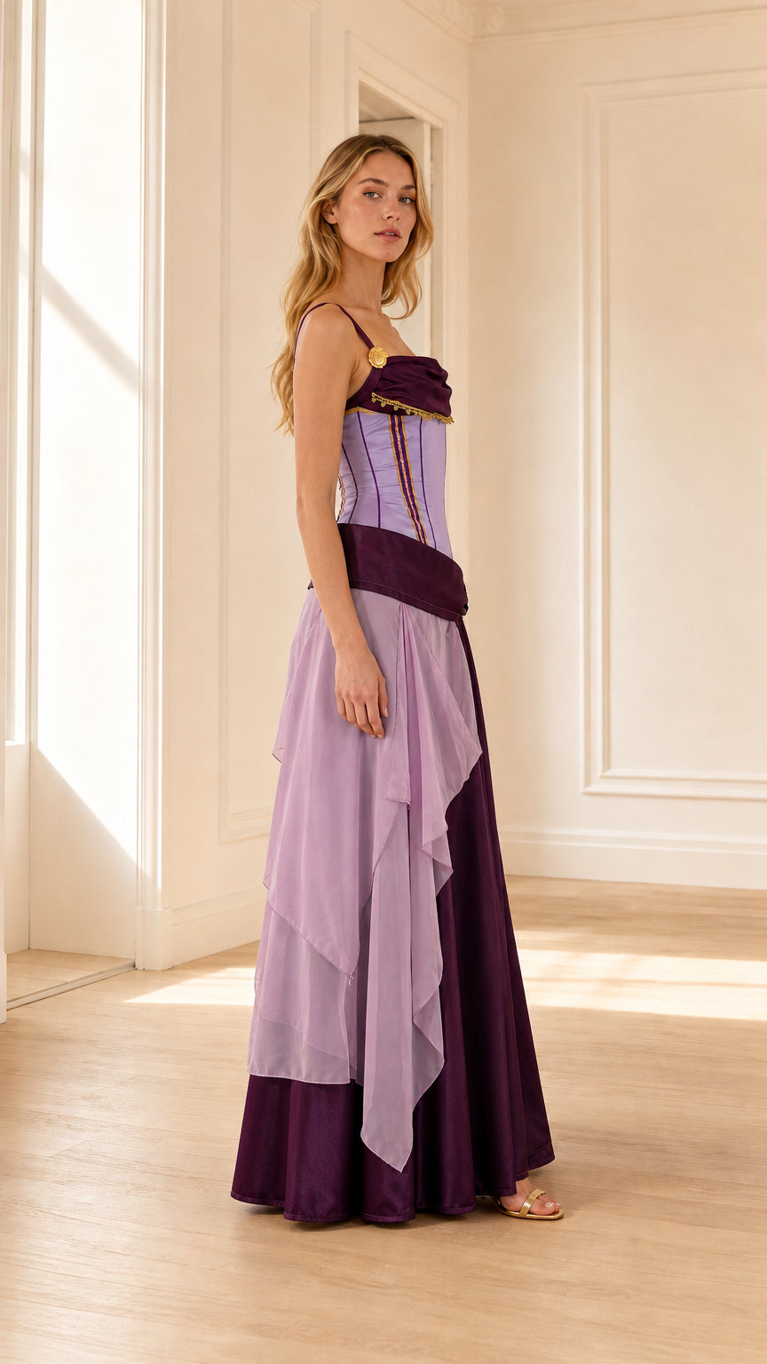 Side angle view of woman wearing purple medieval corset gown