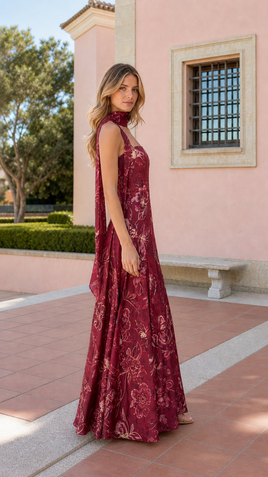Side profile of burgundy floral maxi dress