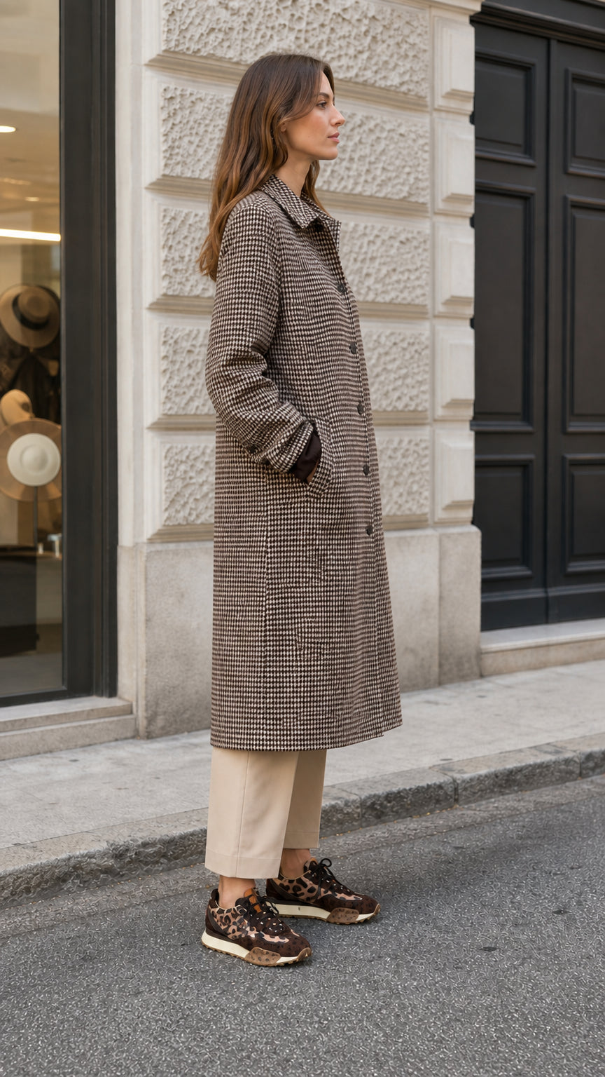 Side profile view of woman modeling long brown houndstooth tailored coat