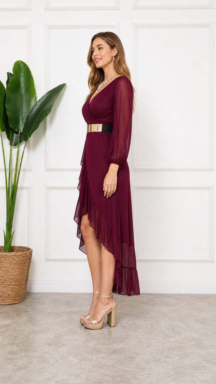Burgundy high-low wrap chiffon party dress 3/4 angle view