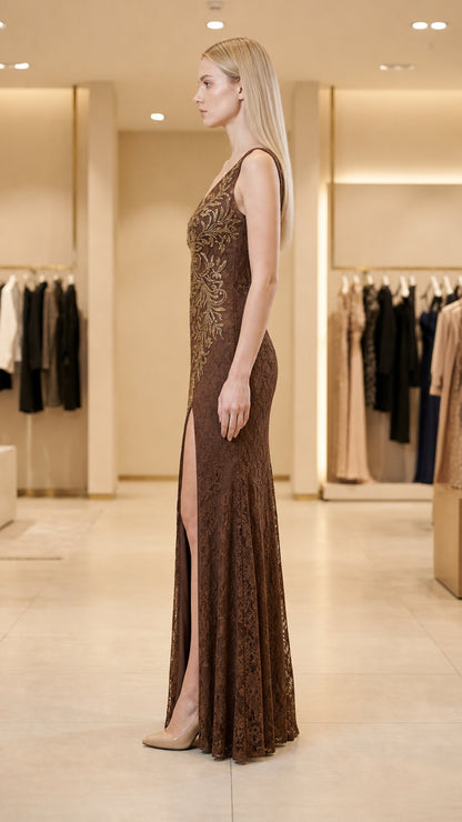 Side profile view of brown evening gown on model