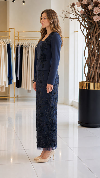 Side profile of navy blue formal dress showing long sleeves and structured fit